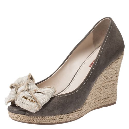 Prada Olive Green/Beige Suede and Canvas Bow Peep Toe Espadrille Wedge Pumps Size 38.5 - Prada - Modalova