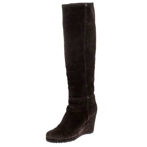 Prada Brown Suede Knee Length Wedge Boots Size 37.5 - Prada - Modalova