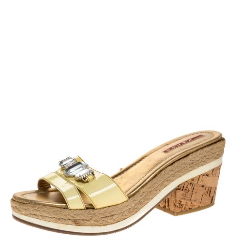 Prada Sport Yellow Patent Leather Cork Wedge Espadrille Slide Sandals Size 38.5 - Prada Sport - Modalova