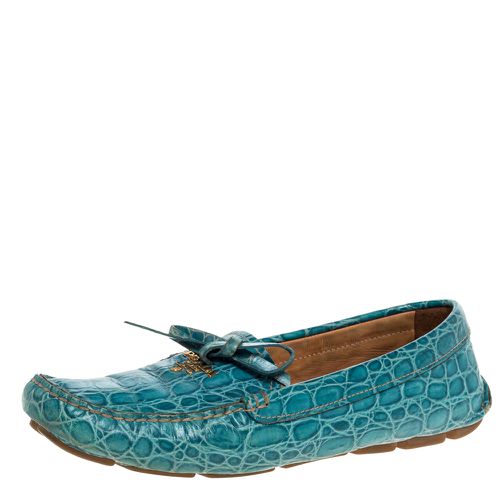 Prada Blue Crocodile Leather Bow Slip On Loafers 39 - Prada - Modalova