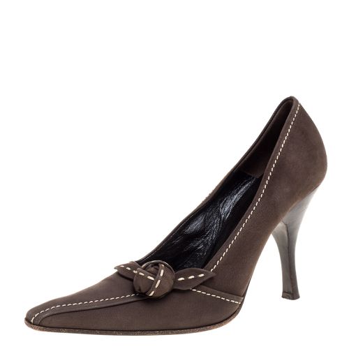 Prada Khaki Brown Stitch Nubuck Leather Knot Pointed Toe Pumps Size 36 - Prada - Modalova