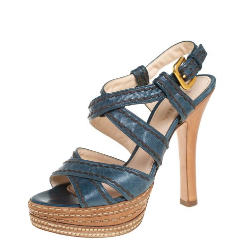 Prada Blue And Tan Leather Stitch Detail Cross Strap Platform Sandals Size 36 - Prada - Modalova