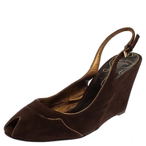 Prada Brown Suede Wedge Peep Toe Sandals Size 41 - Prada - Modalova