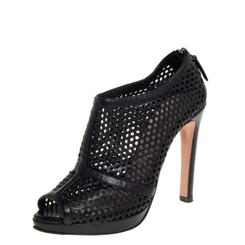 Prada Black Perforated Leather Peep Toe Booties Size 36 - Prada - Modalova