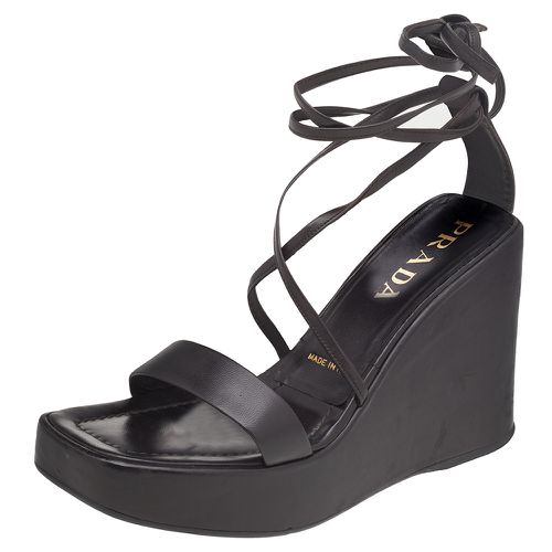 Prada Dark Brown Leather Wedge Platform Ankle Wrap Sandals Size 39 - Prada - Modalova