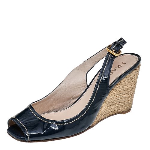 Prada Navy Blue Patent Leather Peep Toe Wedges Espadrilles Slingback Sandals Size 36 - Prada - Modalova