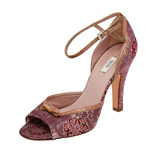 Prada Pink/Brown Brocade Fabric And Lizard Leather Ankle Strap Sandals Size 38 - Prada - Modalova