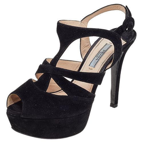 Prada Black Suede Peep Toe Slingback Platform Sandals Size 37.5 - Prada - Modalova