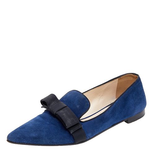 Prada Blue/Black Suede and Fabric Bow Smoking Slippers Size 37 - Prada - Modalova