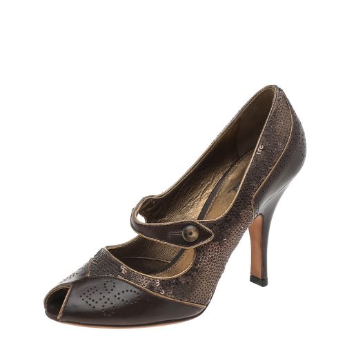 Prada Vintage Brown Leather And Sequins Mary Jane Peep Toe Pumps Size 37 - Prada - Modalova