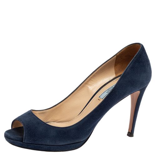 Prada Navy Blue Suede Peep-Toe Platform Pumps Size 38.5 - Prada - Modalova