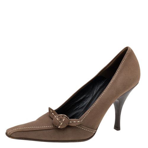 Prada Khaki Brown Stitch Leather Knot Pointed Toe Pumps Size 37.5 - Prada - Modalova