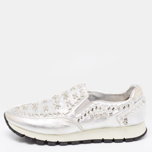 Prada Silver Leather Embellished Slip On Sneakers Size 41 - Prada - Modalova