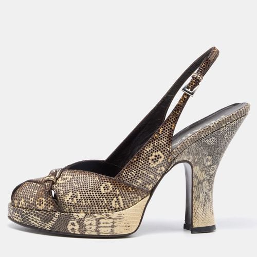 Prada Beige/Black Lizard Ankle Strap Peep Toe Sandals Size 40 - Prada - Modalova