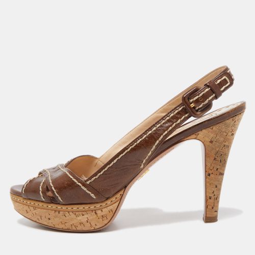 Prada Brown Leather Cross Strap Open Toe Cork Platform Slingback Sandals Size 40 - Prada - Modalova