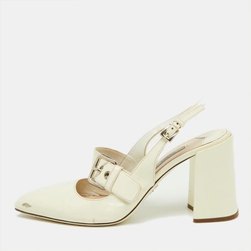 Prada Off White Patent Leather Mary Jane Slingback Block Heel Pumps Size 39 - Prada - Modalova