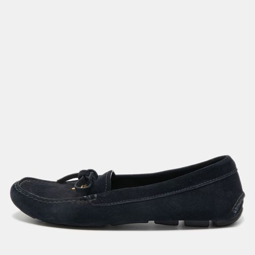 Prada Dark Blue Suede Bow Slip On Loafers Size 35.5 - Prada - Modalova