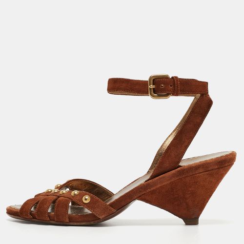 Prada Brown Suede Studded Wedge Ankle Strap Sandals Size 40.5 - Prada - Modalova