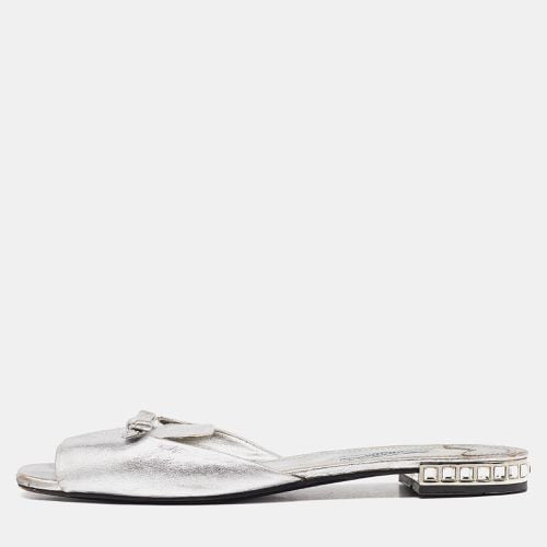 Prada Silver Leather Bow Flat Slides Size 39 - Prada - Modalova