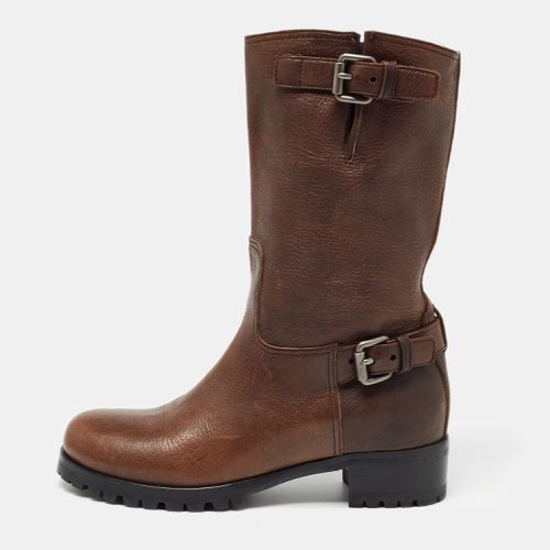 Prada Brown Leather Buckle Detail Mid Calf Length Boots Size 37 - Prada - Modalova