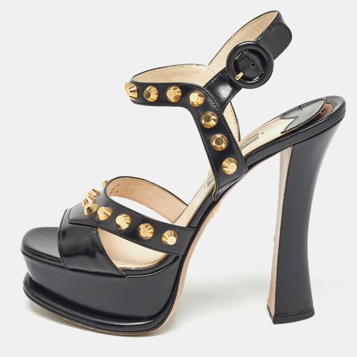 Prada Black Leather Studded Ankle Strap Sandals Size 37 - Prada - Modalova