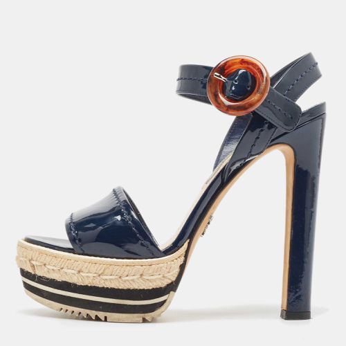 Prada Navy Blue Patent Leather Espadrille Platform Ankle Strap Sandals Size 37 - Prada - Modalova