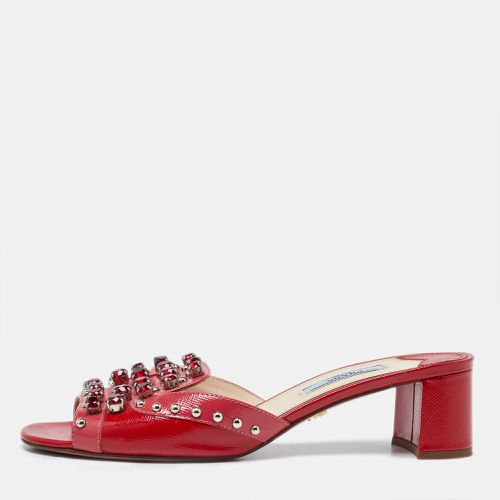 Prada Red Patent Leather Crystal Embellished Block Heel Slide Sandals Size 37 - Prada - Modalova