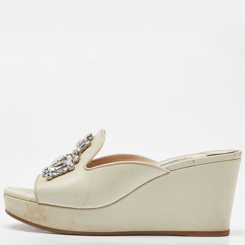 Prada Cream Saffiano Patent Leather Crystal Embellished Platform Wedge Sandals Size 38 - Prada - Modalova