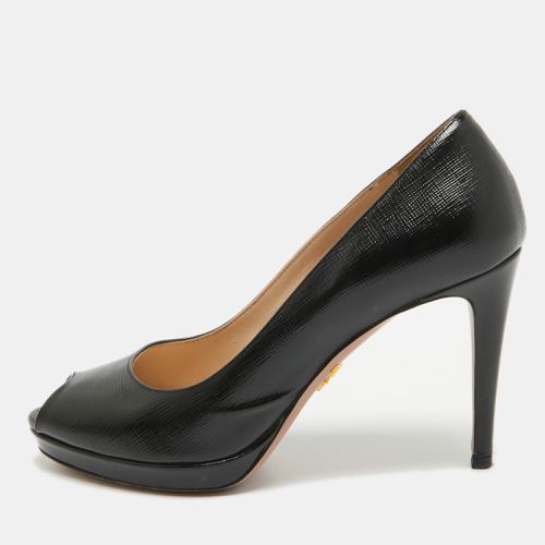 Prada Black Saffiano Vernice Leather Peep Toe Platform Pumps Size 36 - Prada - Modalova