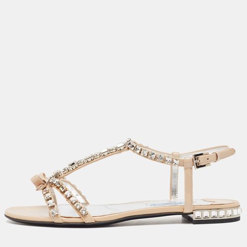 Prada Beige Patent Leather Crystal Embellished Bow Ankle Strap Sandals Size 36.5 - Prada - Modalova