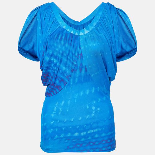 Roberto Cavalli Blue Printed Jersey Draped Sleeve Top S - Roberto Cavalli - Modalova