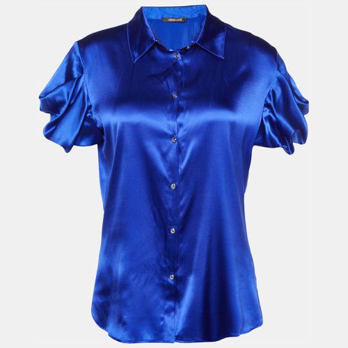 Roberto Cavalli Royal Blue Silk Satin Short Sleeve Shirt S - Roberto Cavalli - Modalova