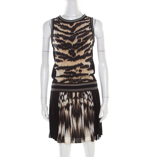 Roberto Cavalli Black and Brown Animal Printed Silk Pleated Sleeveless Dress S - Roberto Cavalli - Modalova