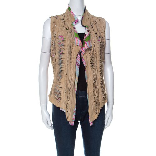 Roberto Cavalli Multicolor Printed Silk and Beige Suede Overlay Sleeveless Vest M - Roberto Cavalli - Modalova