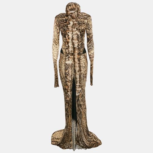 Reptile Print Fur Neck Tie-Up Maxi Dress M - Roberto Cavalli - Modalova