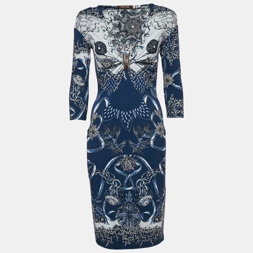 Roberto Cavalli Blue Printed Jersey Brooch Detail Midi Dress M - Roberto Cavalli - Modalova