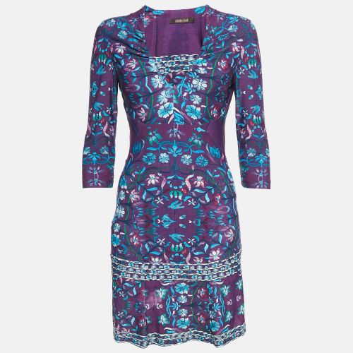 Roberto Cavalli Purple Floral Print Jersey V-Neck Mini Dress M - Roberto Cavalli - Modalova