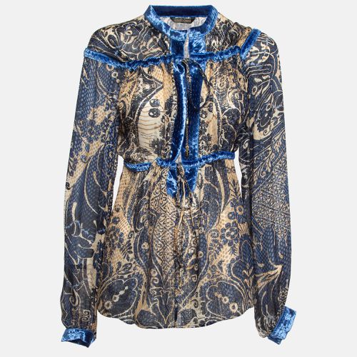 Brown Printed Velvet Trim Silk Blouse M - Roberto Cavalli - Modalova