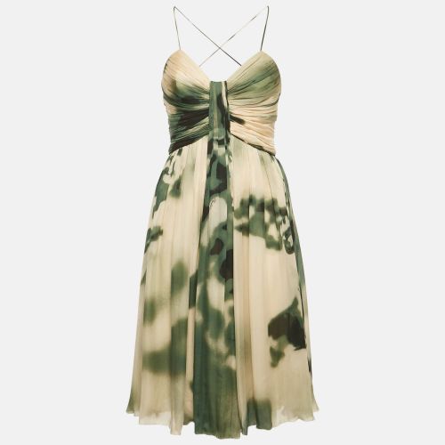 Roberto Cavalli Beige/Green Printed Silk Pleated Mini Dress S - Roberto Cavalli - Modalova