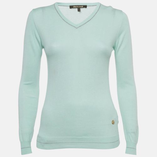 Roberto Cavalli Blue Cotton Knit V-Neck Sweater M - Roberto Cavalli - Modalova