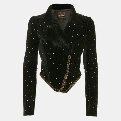 Roberto Cavalli Black Fur Trim Velvet Embroidered Jacket S - Roberto Cavalli - Modalova