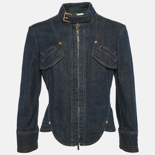 Roberto Cavalli Blue Denim Zip-Up Neck Belt Detail Jacket M - Roberto Cavalli - Modalova