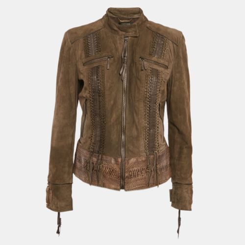 Roberto Cavalli Green Textured Leather and Suede Lace-Up Jacket M - Roberto Cavalli - Modalova