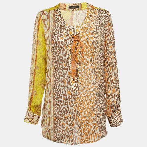 Roberto Cavalli Yellow Printed Silk Lace Up Blouse L - Roberto Cavalli - Modalova