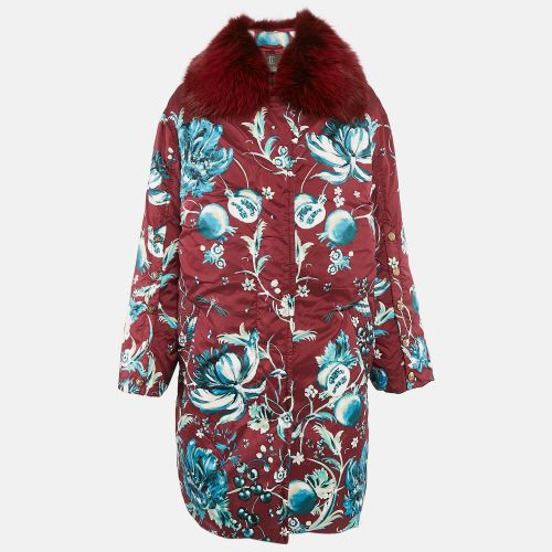 Roberto Cavalli Red Floral Print Nylon and Real Fur Trim Down Coat M - Roberto Cavalli - Modalova