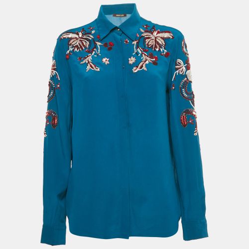 Roberto Cavalli Blue Sequin Embroidered Silk Shirt M - Roberto Cavalli - Modalova