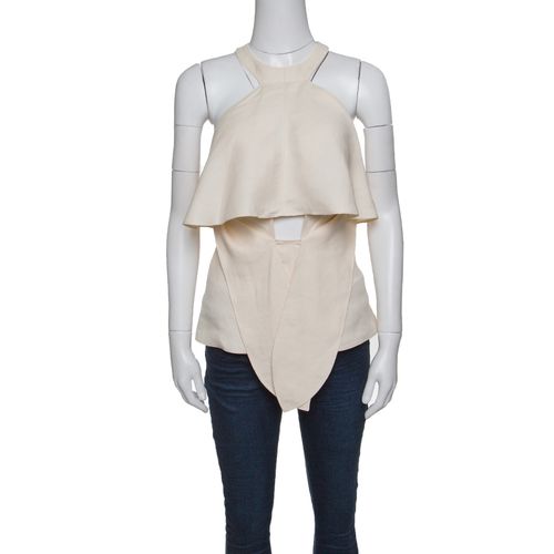 Roberto Cavalli Firenze Beige Linen Ruffled Front Tie Detail Sleeveless Top L - Roberto Cavalli - Modalova