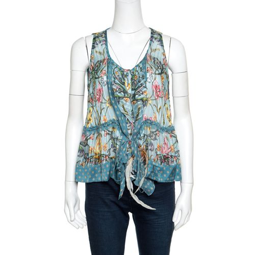 Roberto Cavalli Blue Floral Printed Silk Ruffled Feather Tie Detail Blouse M - Roberto Cavalli - Modalova