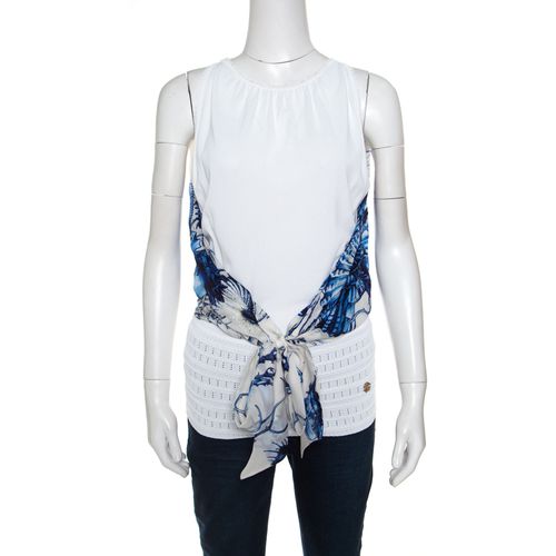 Roberto Cavalli White and Blue Printed Cutout Back Front Tie Sleeveless Top S - Roberto Cavalli - Modalova