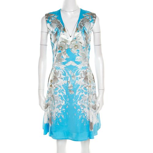 Roberto Cavalli Blue Floral Printed Satin Sleeveless Flared Dress S - Roberto Cavalli - Modalova